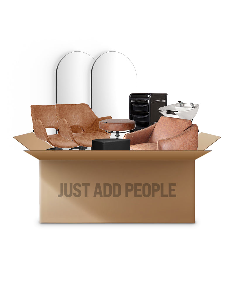 Tan black hairdresser starter kit - with 2 styling stations, 1 washing station, and equipment